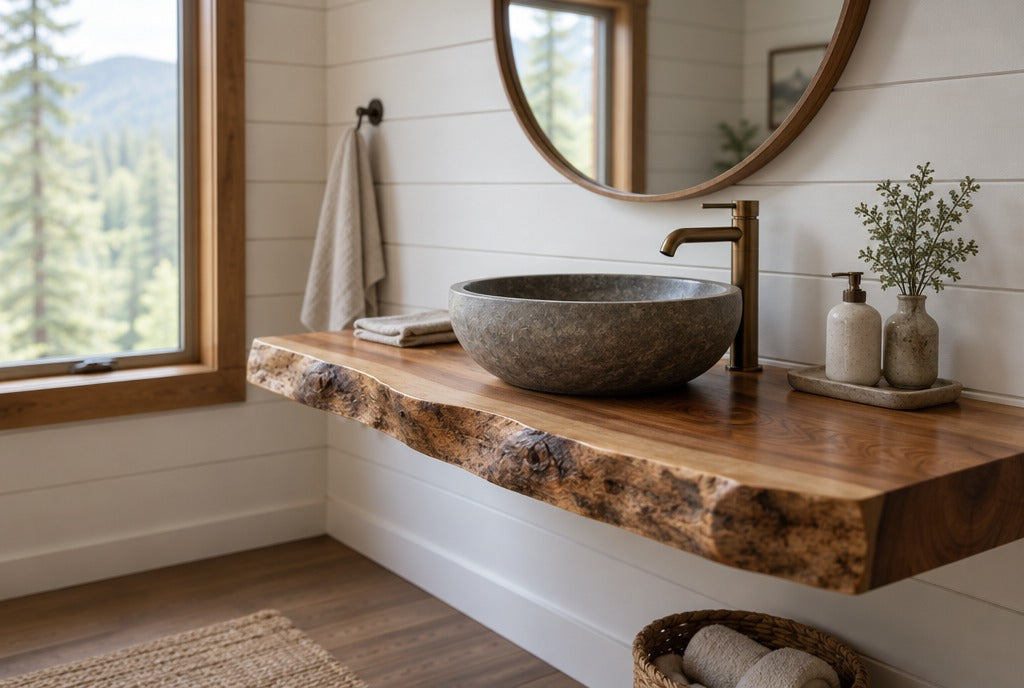 A live-edge solid wood floating bathroom vanity with a stone vessel sink, a round mirror and white shiplap walls in a cabin bathroom