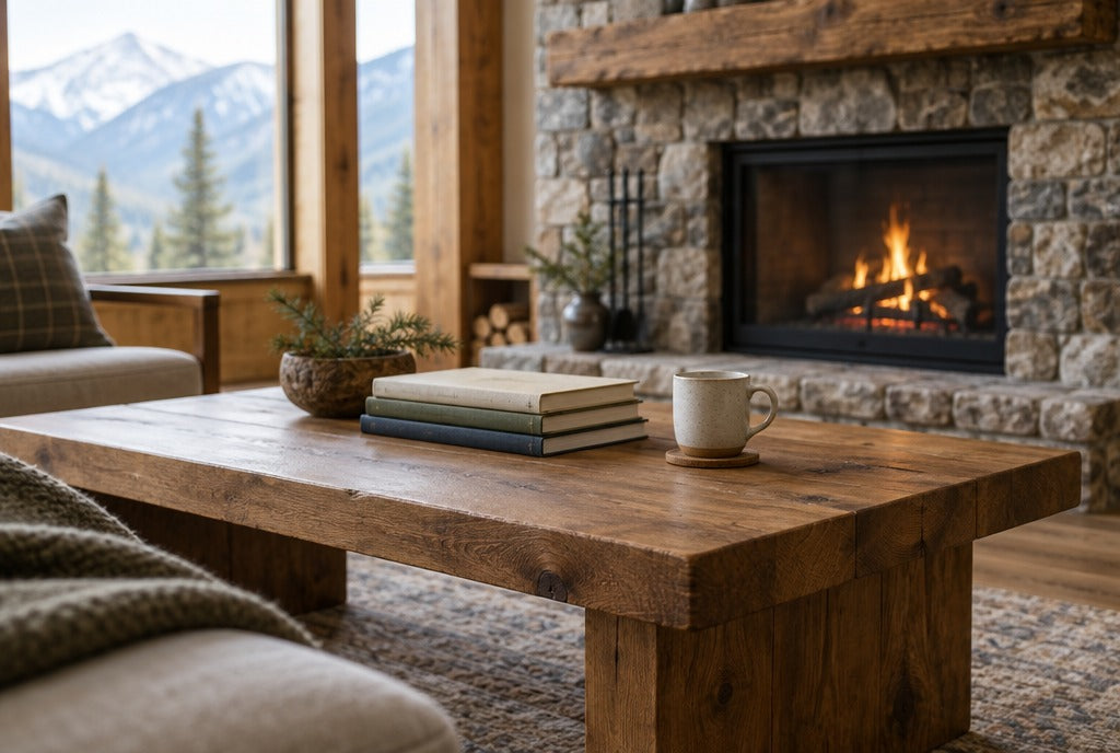 A handcrafted solid wood coffee table with a stack of books and a mug in front of a stone fireplace in a mountain cabin living room