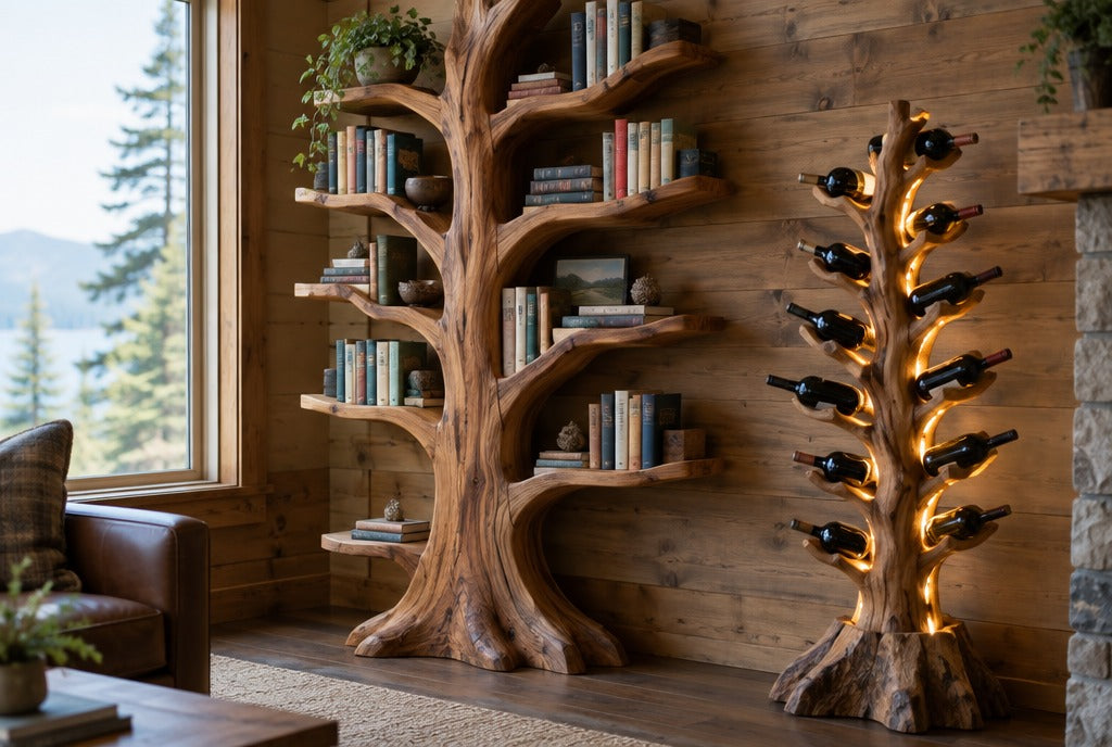 A handcrafted solid wood tree bookshelf beside a lighted tree wine rack holding bottles in a cabin den