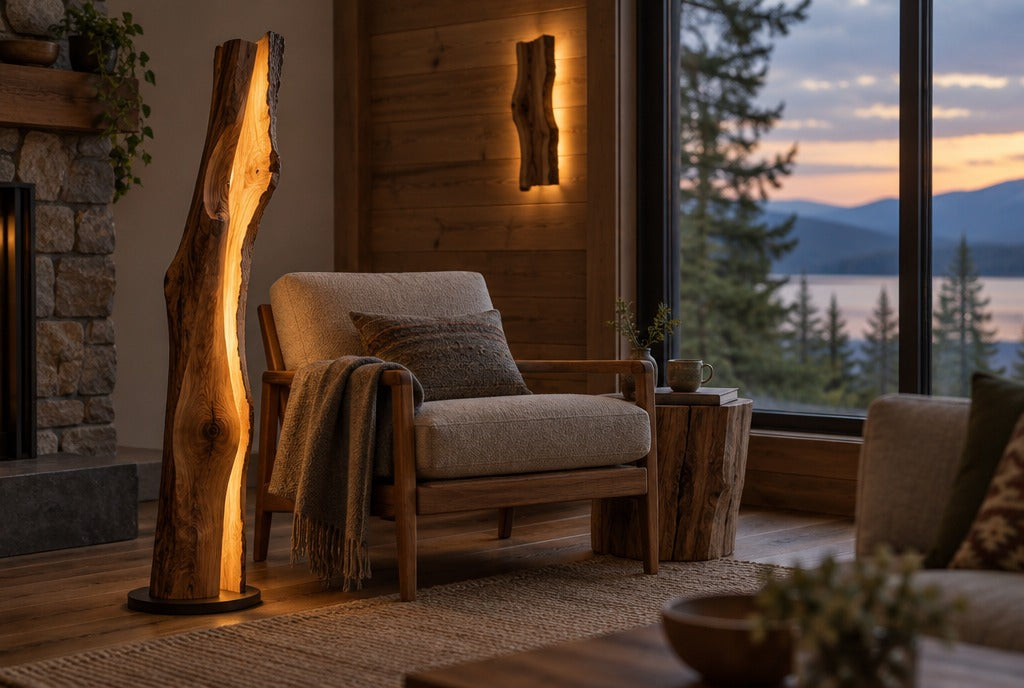 A sculpted live-edge wood floor lamp glowing beside a reading chair and a wood wall sconce in a cozy cabin living room at dusk