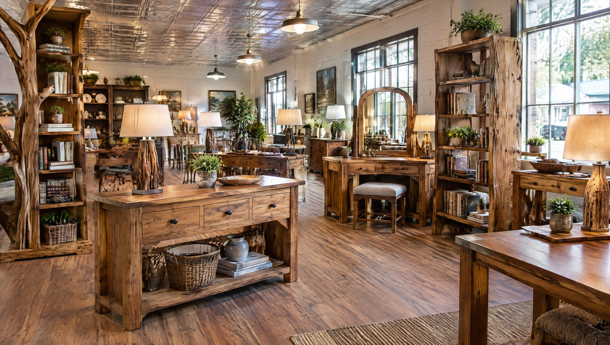 Inside a country general store with newly built solid wood consoles, vanities, bookshelves and lamps