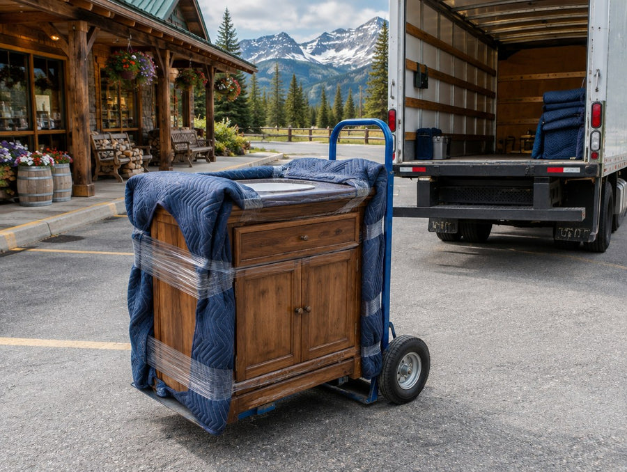 A blanket-wrapped solid wood vanity on a hand truck beside a box truck outside a country store in the Blue Ridge